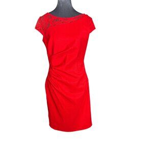 Joseph Ribkoff Red Lace Accent Ruched Knee-Length Dress Size 10